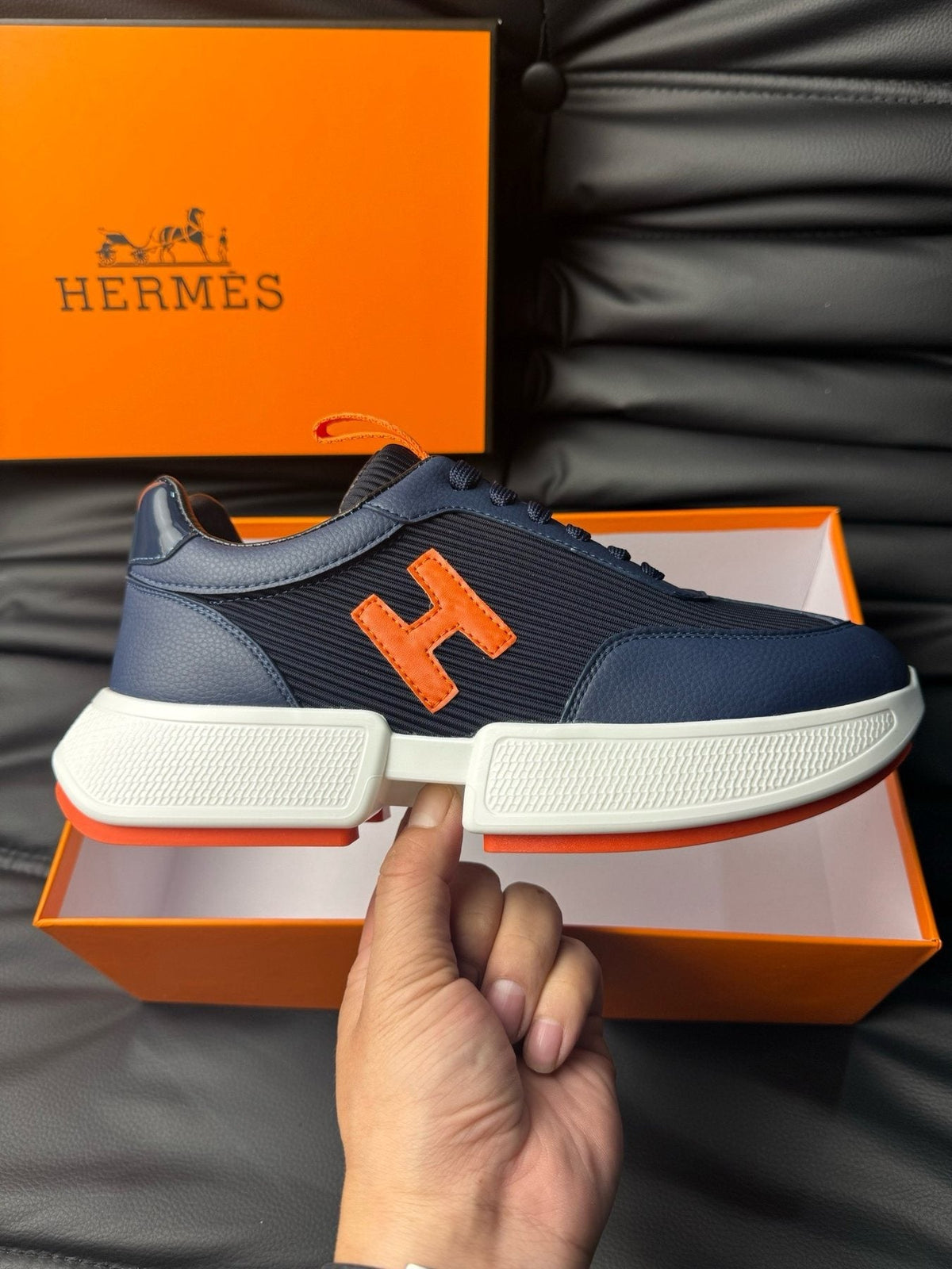 Hermès Navy Orange H-Detail Sneakers
